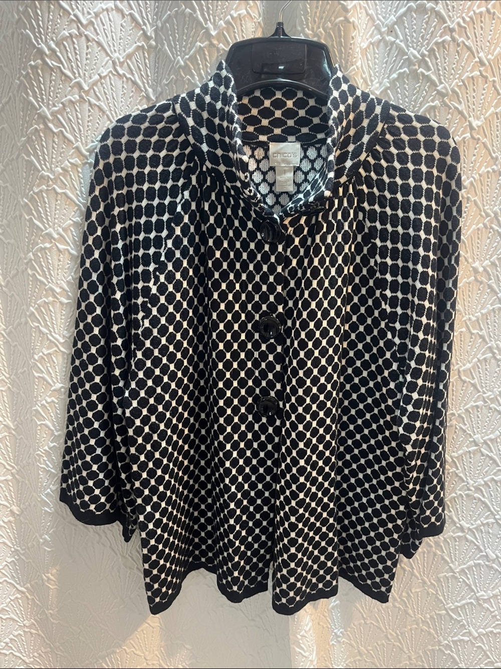 Chico's Black and White Geometric Button-Front Cardigan